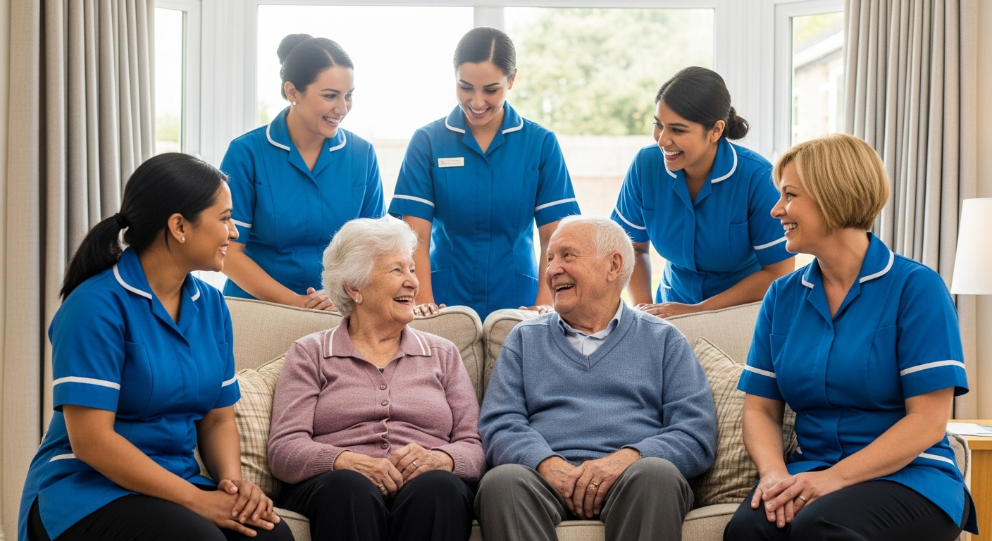 First Necessity Care team in royal blue uniforms smiling with an elderly couple in a bright living room