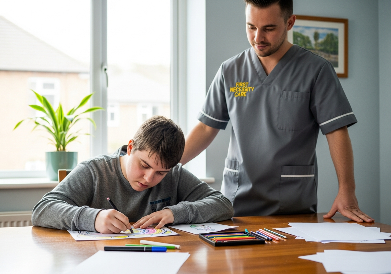 European carer in royal blue First Necessity Care uniform supporting a young autistic adult at home