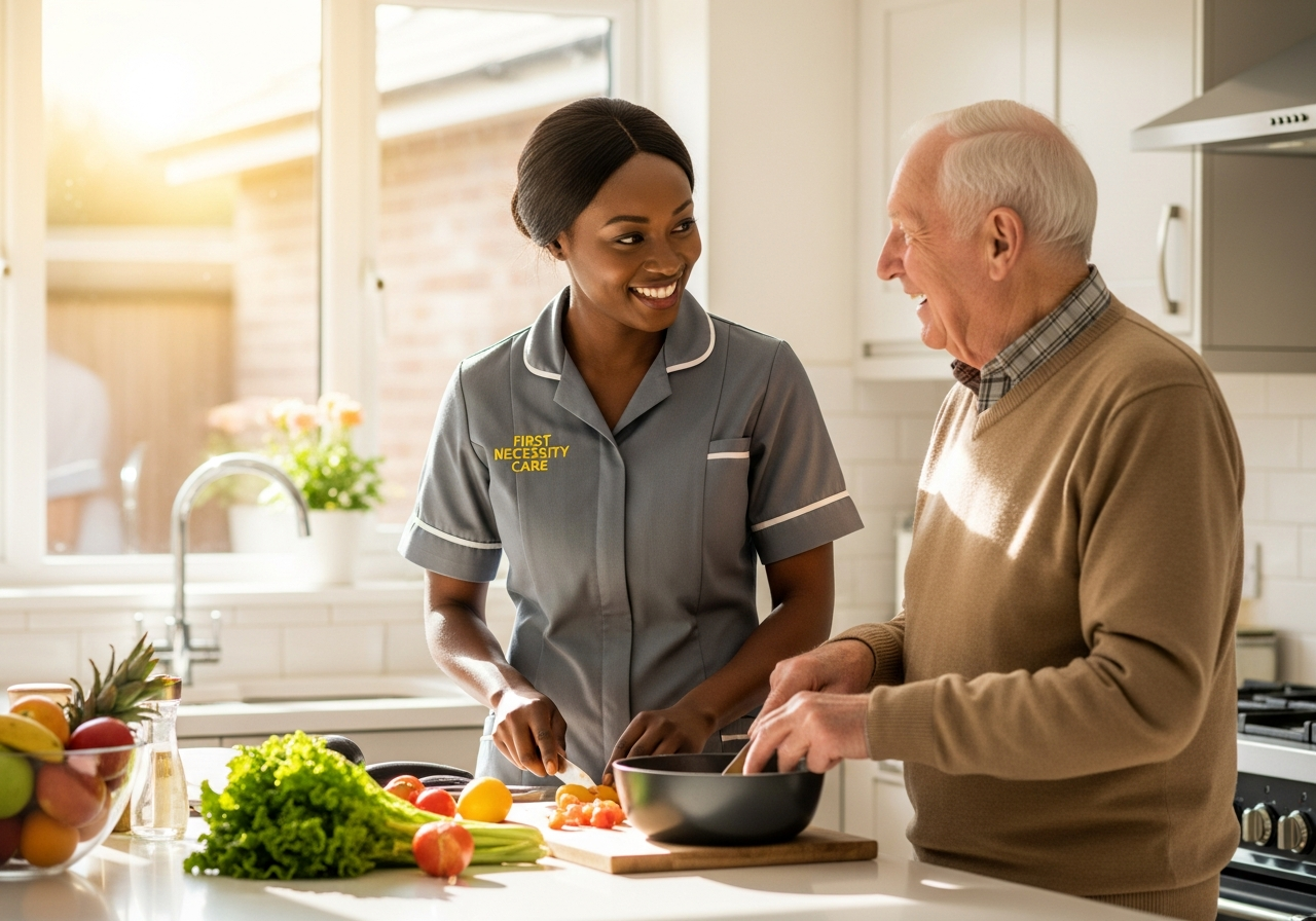 African home carer in royal blue First Necessity Care uniform preparing a meal with an elderly man