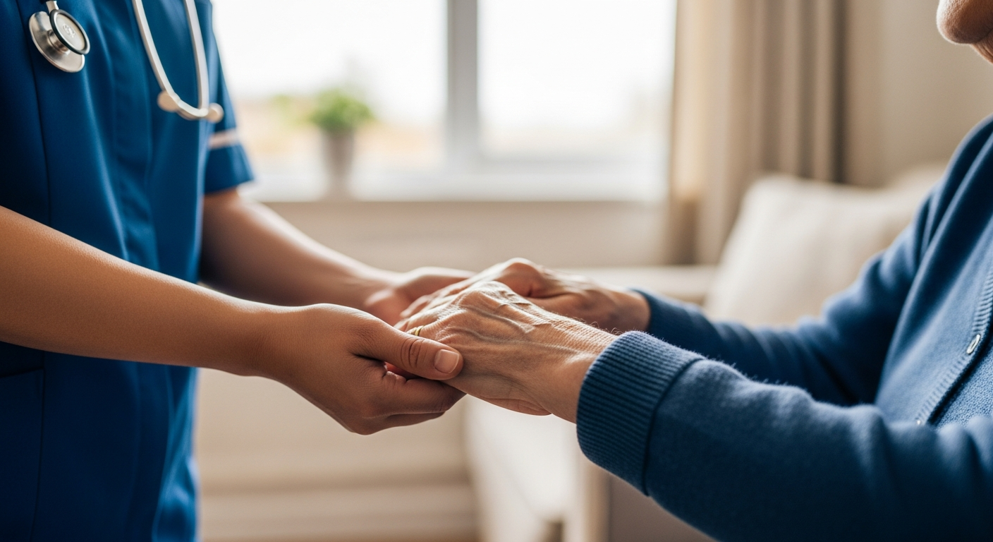 Carer and elderly person holding hands gently, symbolising trusted and reliable home care