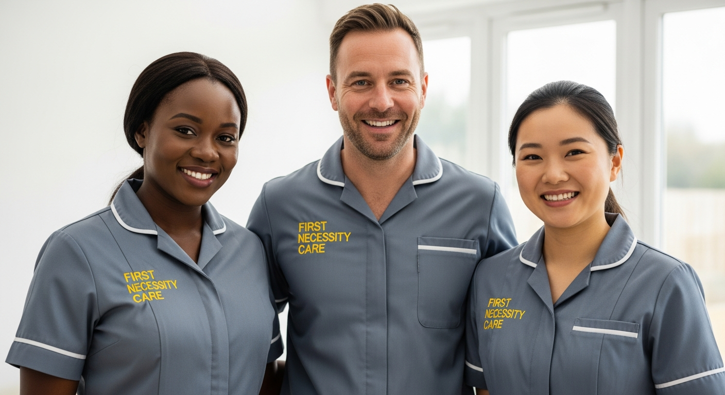 Diverse First Necessity Care team of three carers in royal blue uniforms with the company logo