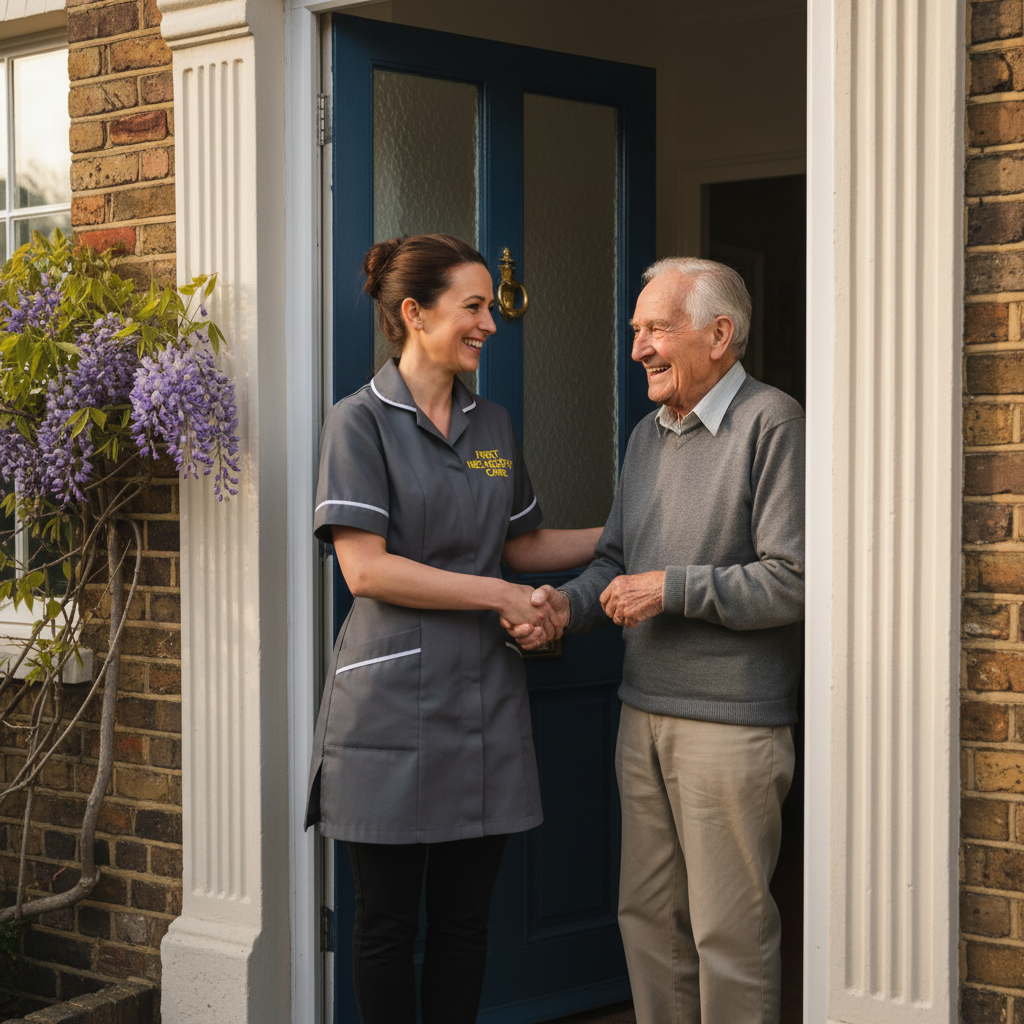 European carer in royal blue First Necessity Care uniform welcomed at a home for a care assessment
