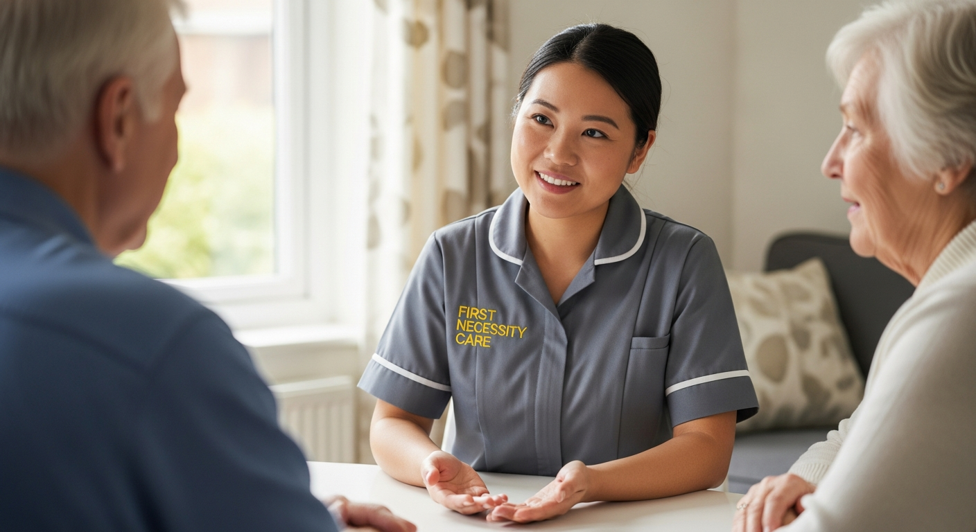 Asian home carer in royal blue First Necessity Care uniform explaining care options to an elderly couple