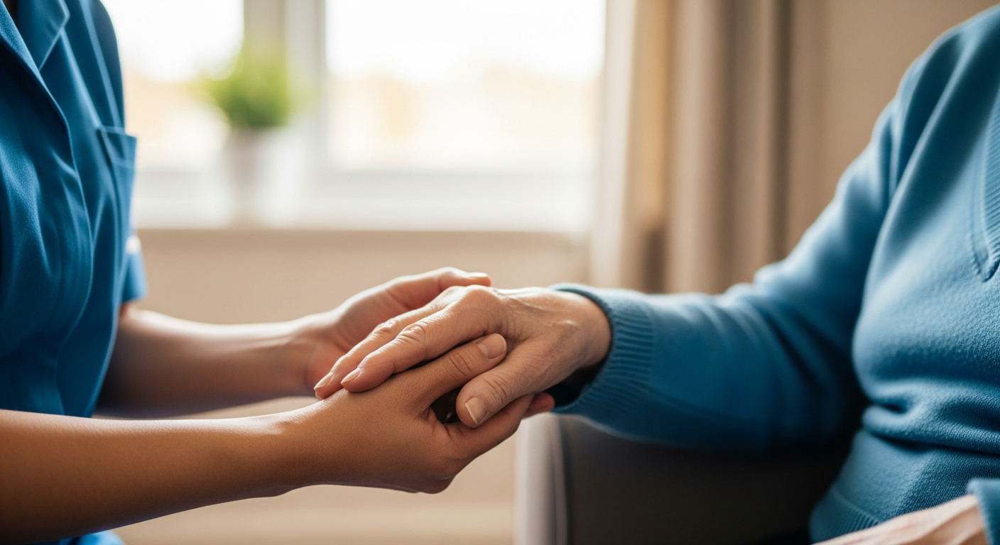 Carer and elderly person holding hands gently, symbolising a no-pressure and reassuring first step