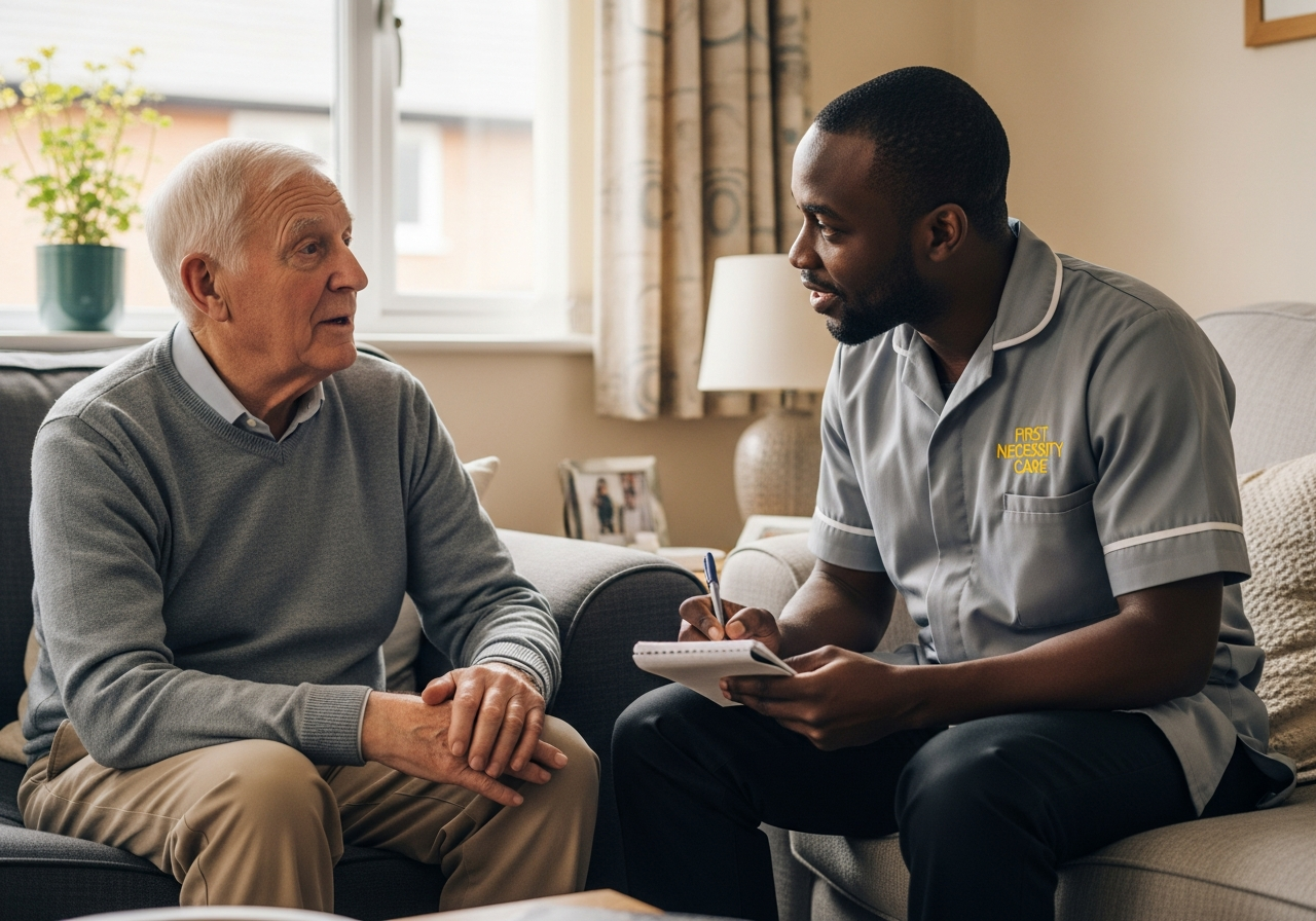 African home carer in royal blue First Necessity Care uniform listening during a home care assessment