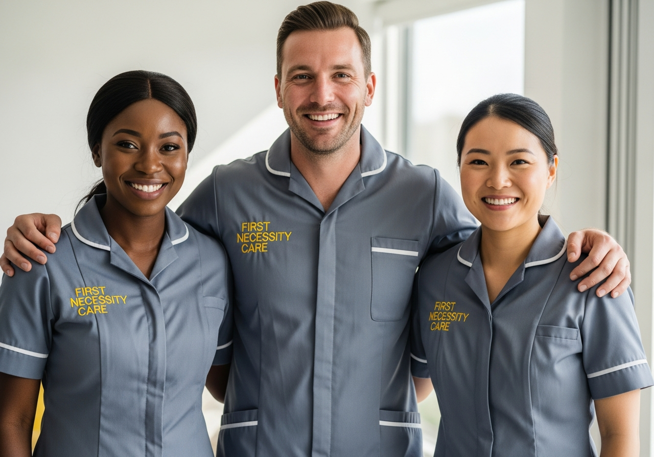Diverse First Necessity Care team of three carers in royal blue uniforms with the company logo
