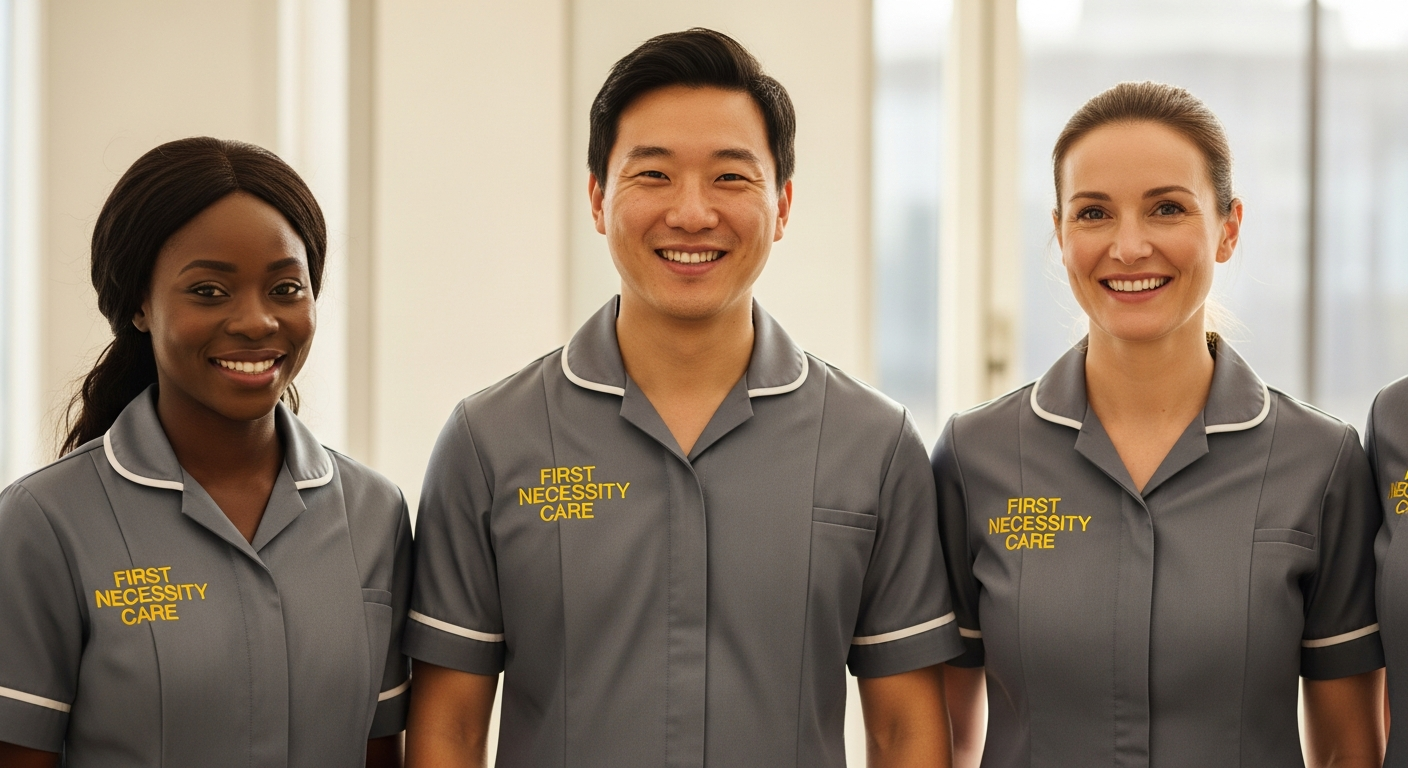 Diverse First Necessity Care team in grey uniforms smiling together, ready to welcome new carers