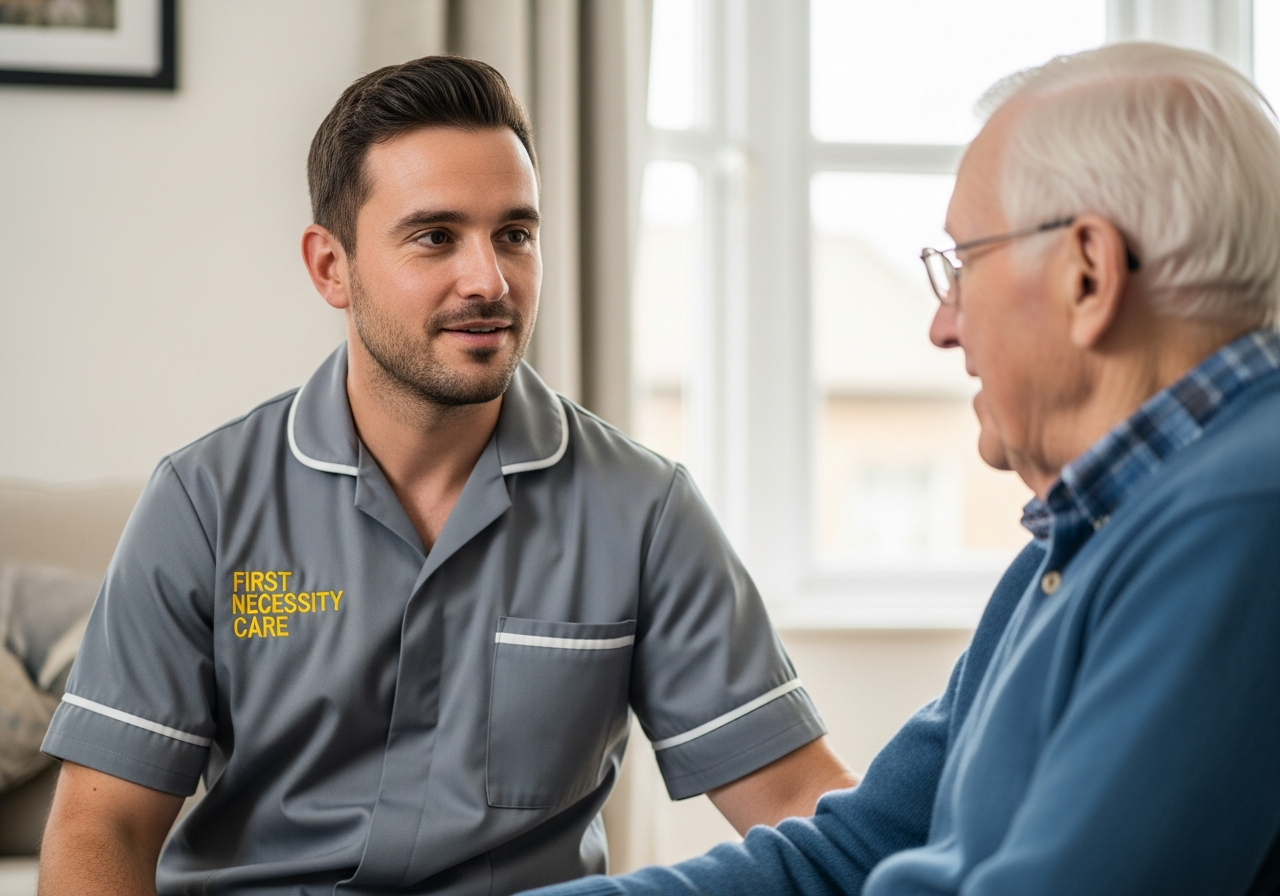 European home carer in grey First Necessity Care uniform listening attentively to an elderly man