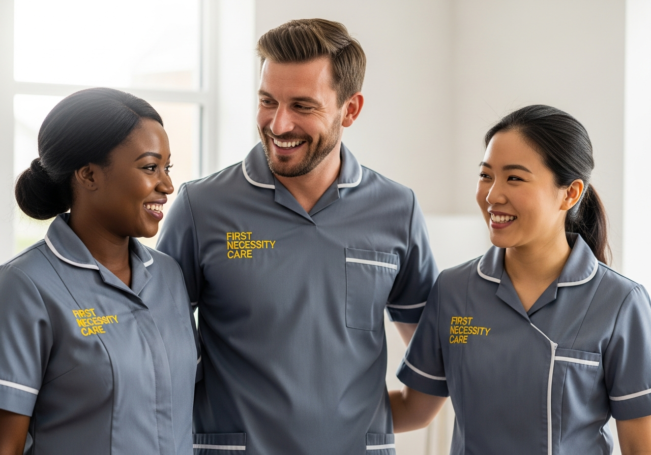 Diverse First Necessity Care team of three carers in grey uniforms smiling together