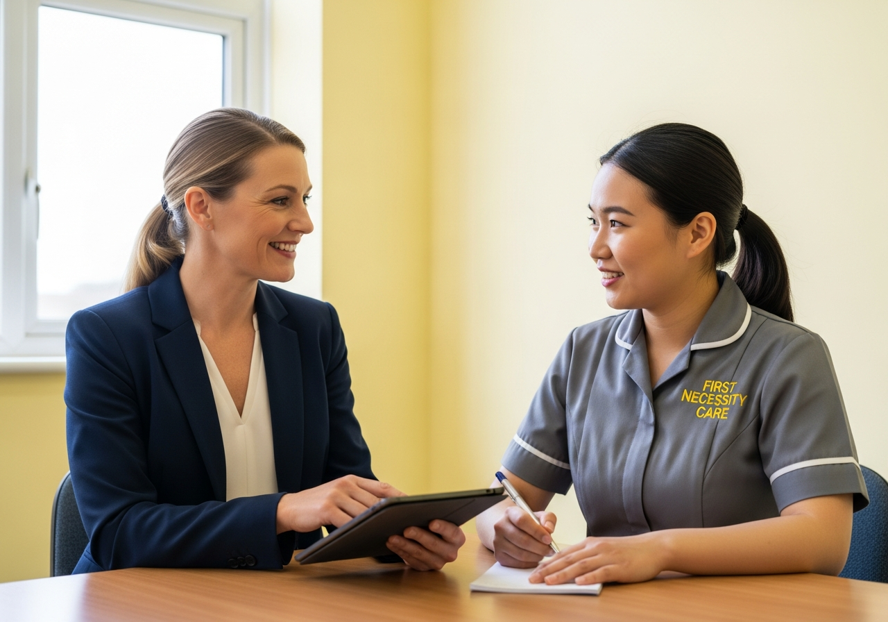Care manager mentoring a new carer in a grey First Necessity Care uniform during training