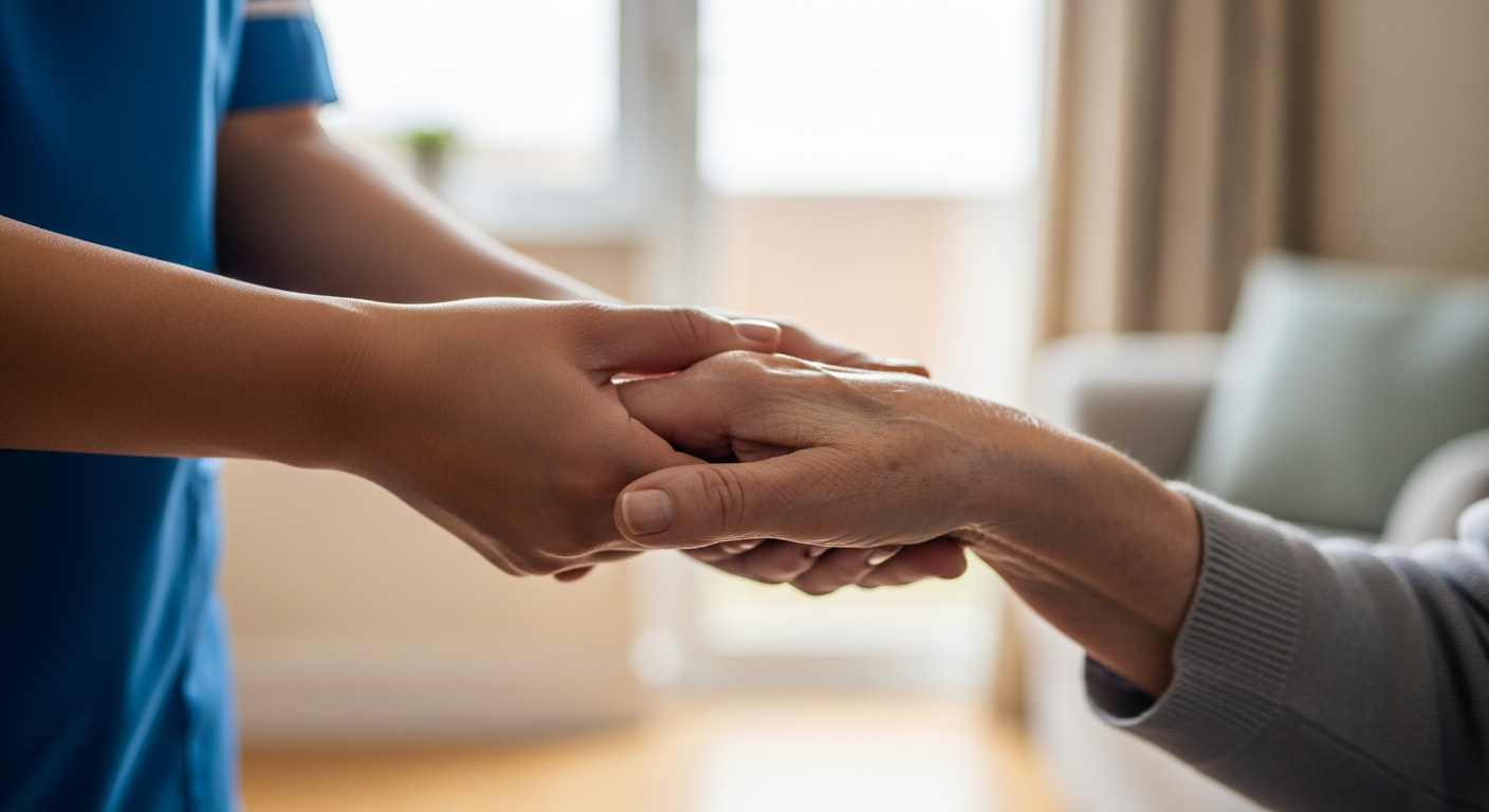 Carer and elderly person holding hands gently, symbolising a warm and welcoming first contact