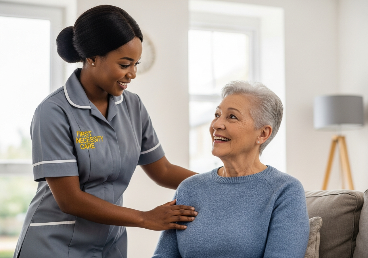 African home carer in royal blue First Necessity Care uniform reassuring a relieved family member at home