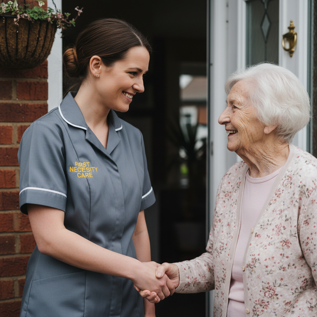 European home carer in royal blue First Necessity Care uniform greeting an elderly woman for a home assessment