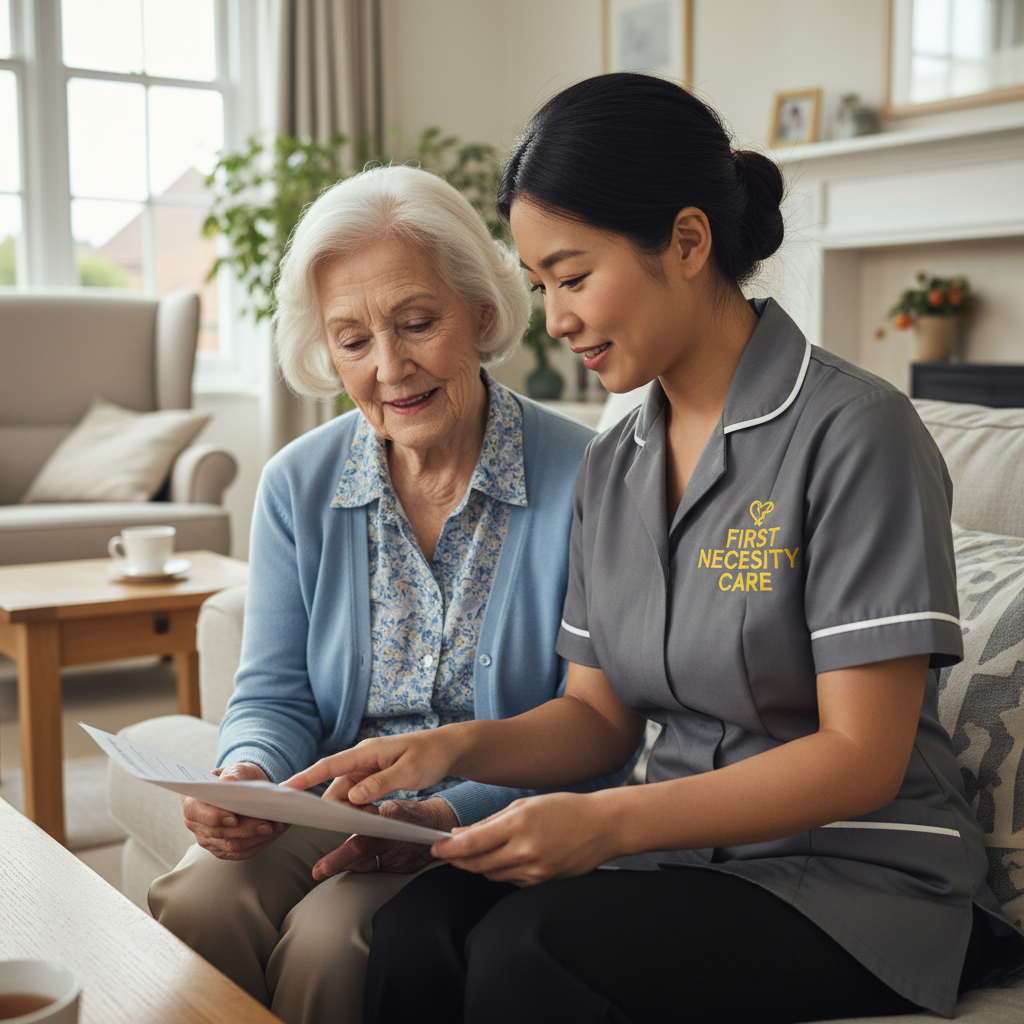 Asian home carer in royal blue First Necessity Care uniform reviewing a care plan with an elderly woman