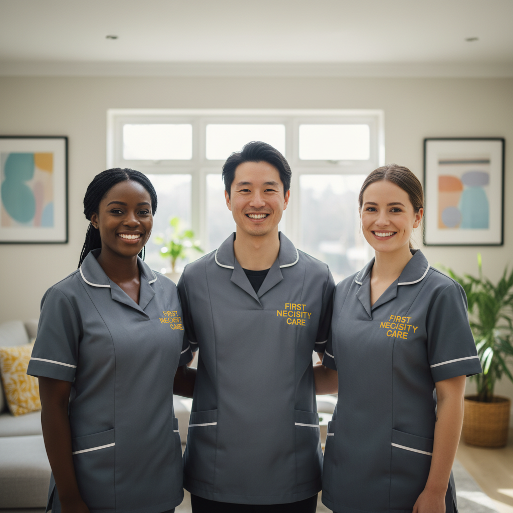 Diverse First Necessity Care team of three carers in grey First Necessity Care uniforms
