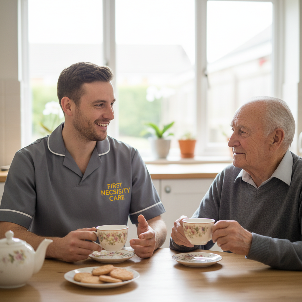 European home carer in royal blue First Necessity Care uniform sharing tea with an elderly man at home