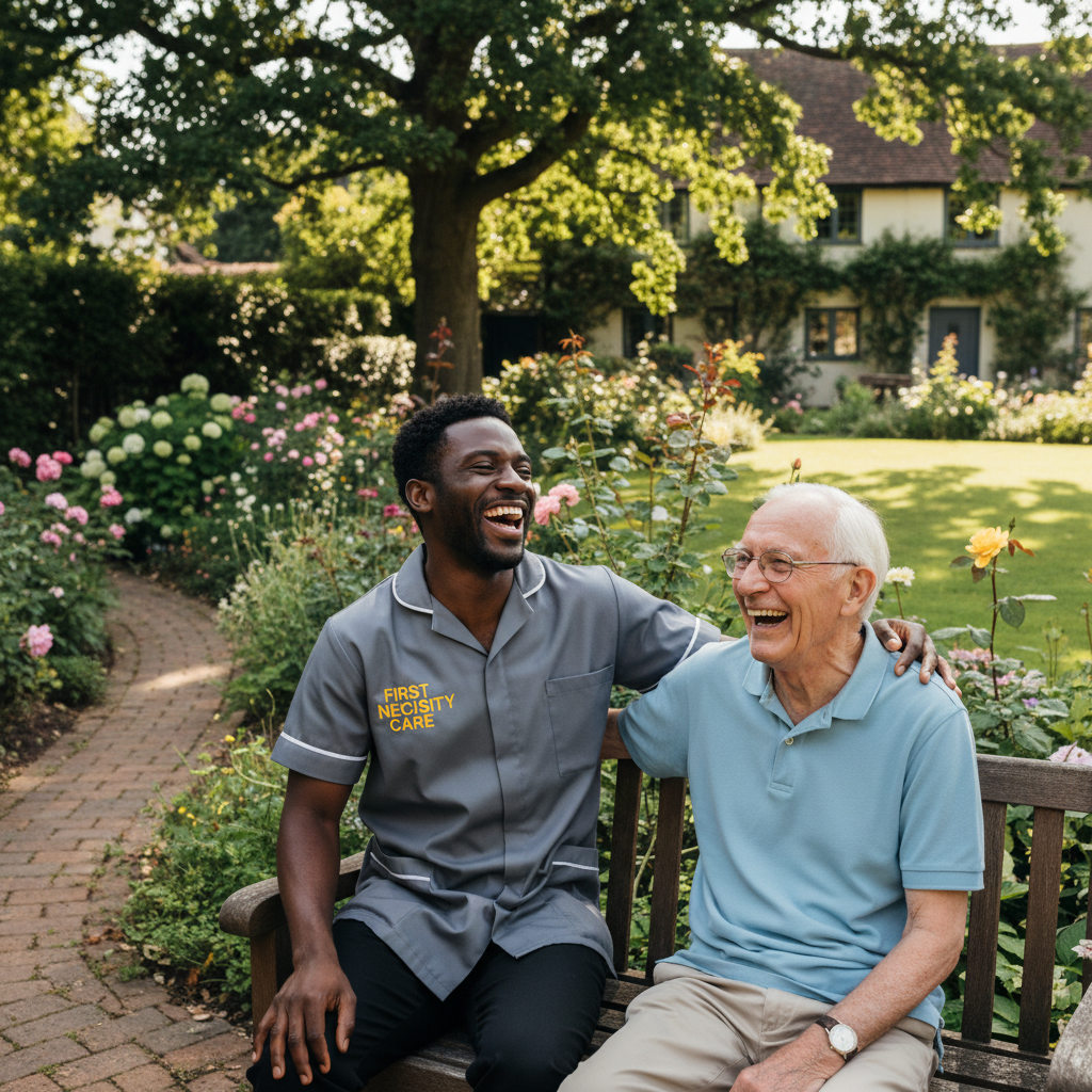 African home carer in royal blue First Necessity Care uniform laughing with an elderly man in a garden