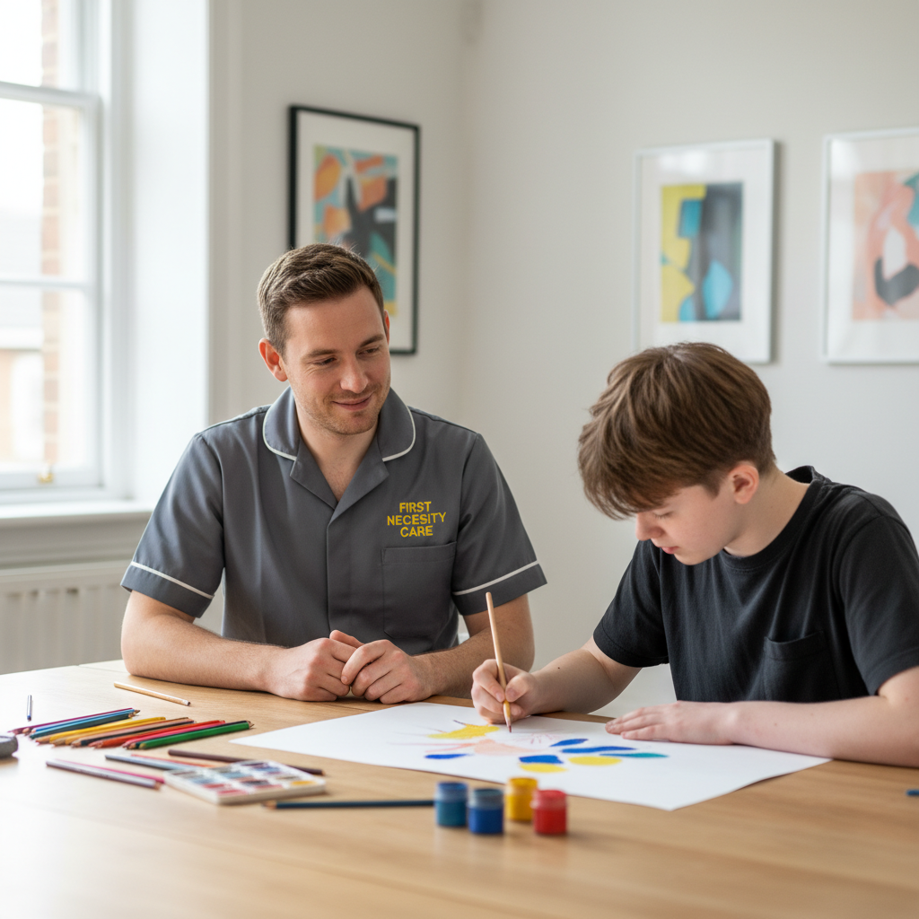 European support worker in royal blue First Necessity Care uniform beside a young autistic adult during an activity