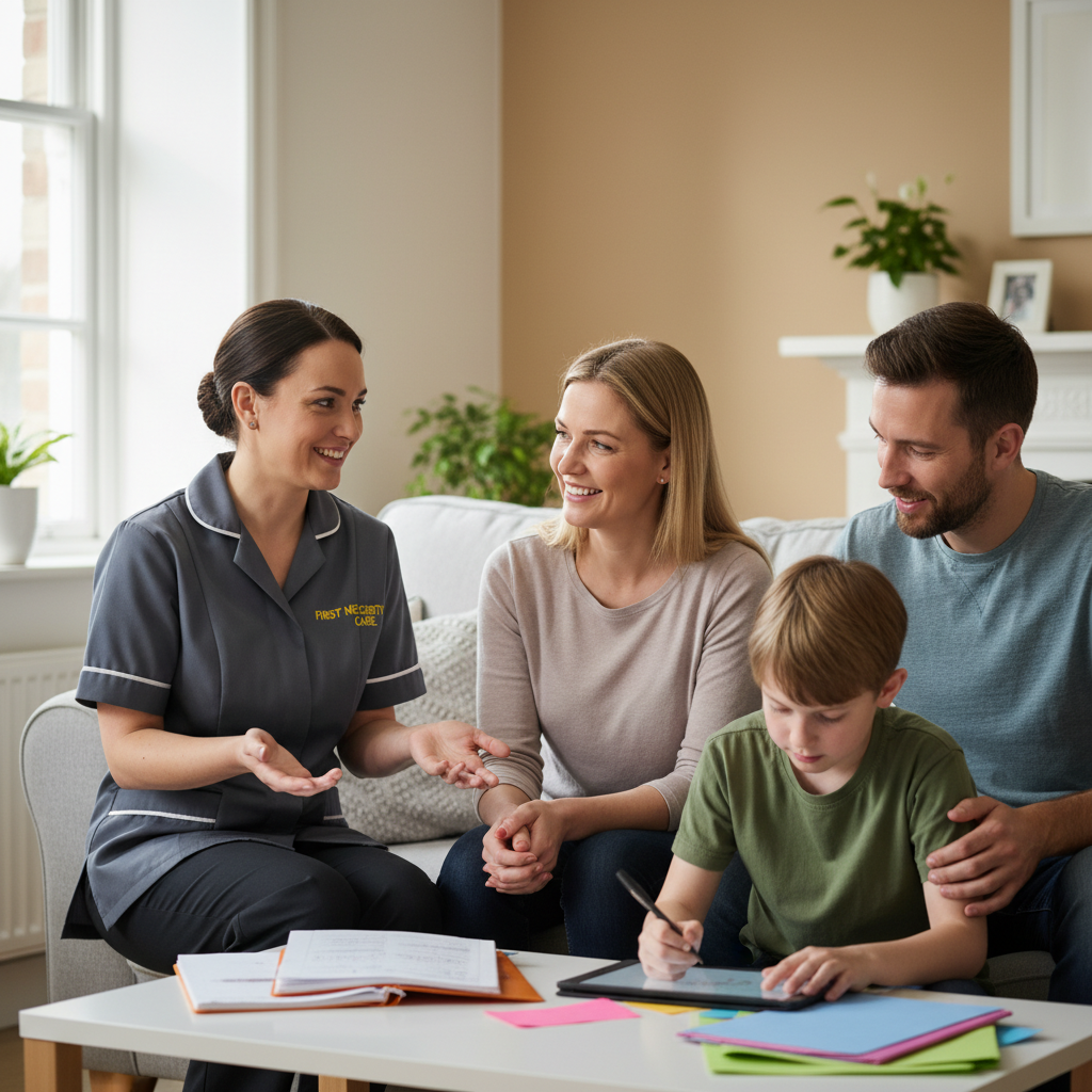 European support worker in royal blue First Necessity Care uniform planning autism support with a family