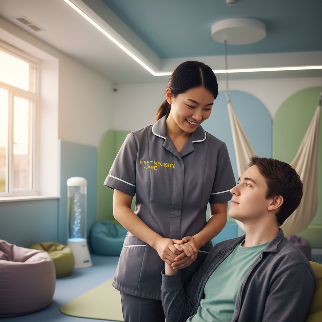 Asian support worker in royal blue First Necessity Care uniform sharing a calm moment with a young autistic adult