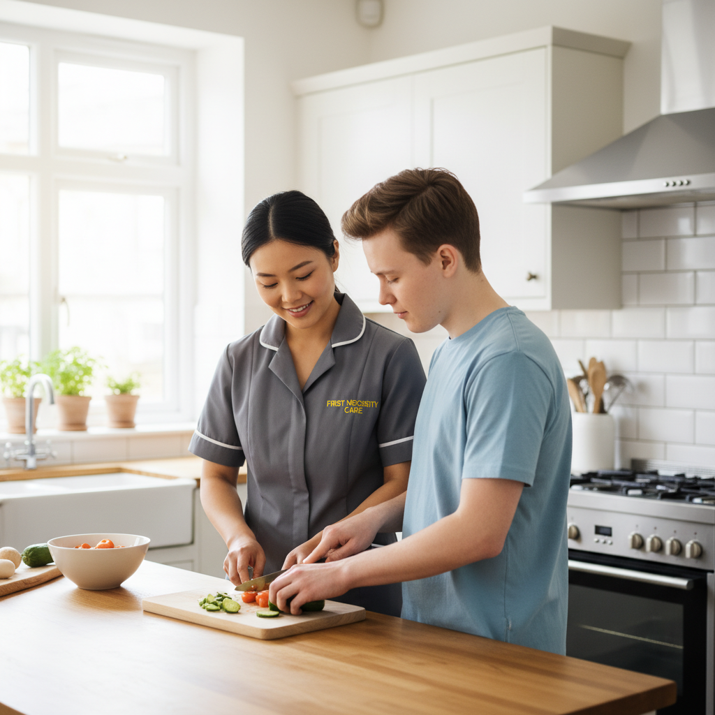 Asian support worker in royal blue First Necessity Care uniform helping a young autistic adult build daily skills