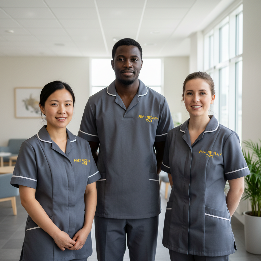 Diverse First Necessity Care team of three support workers in royal blue uniforms with the company logo