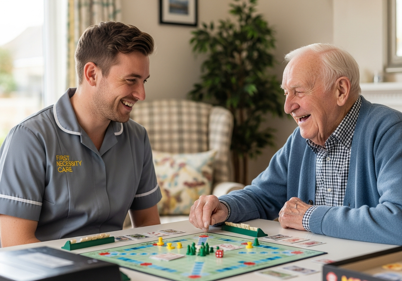 European home carer in royal blue First Necessity Care uniform playing a board game with an elderly man