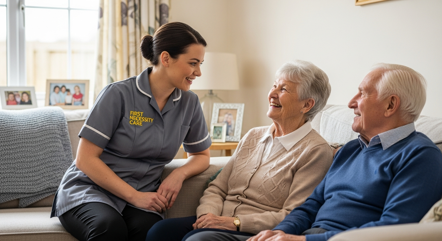 European home carer in royal blue First Necessity Care uniform discussing interests with an elderly couple