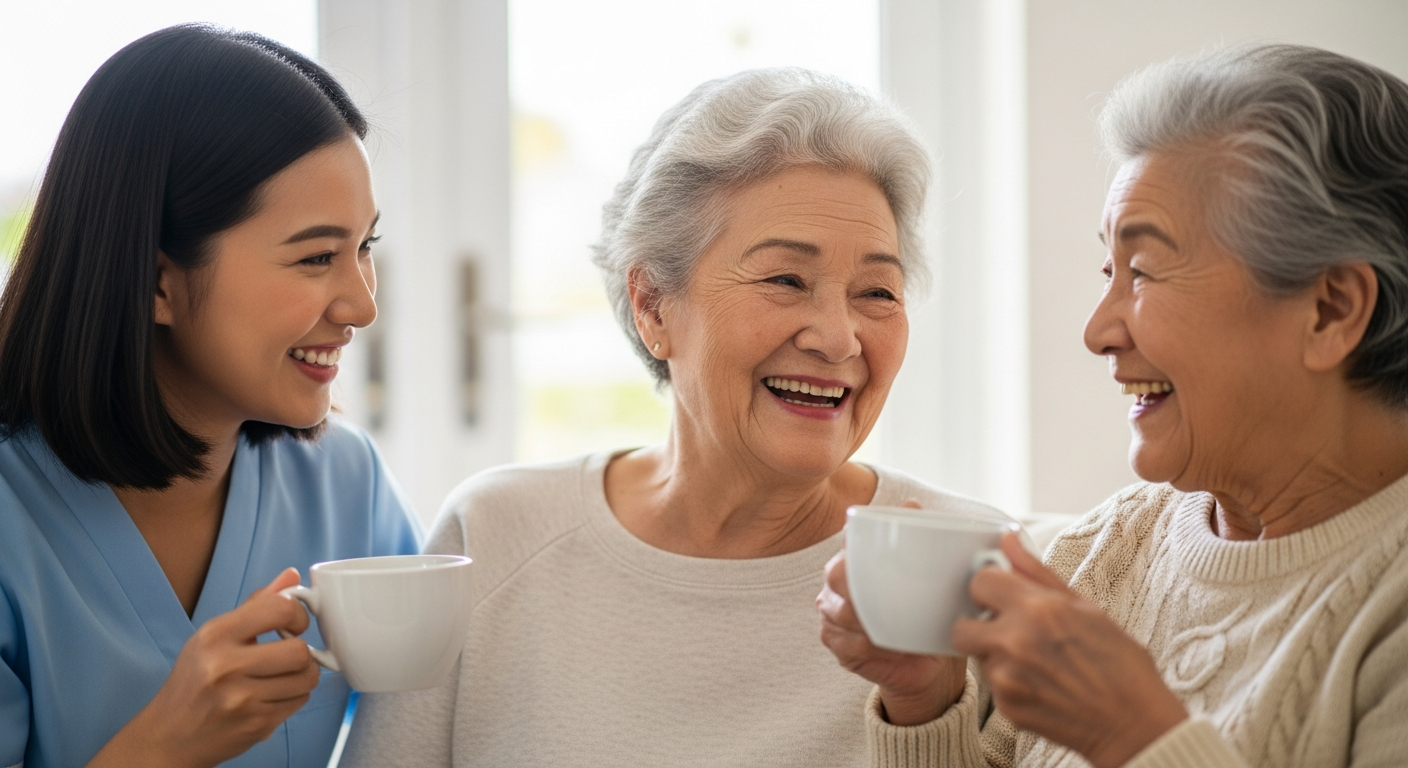 Carer and elderly person laughing together over tea, symbolising warm and friendly companionship care
