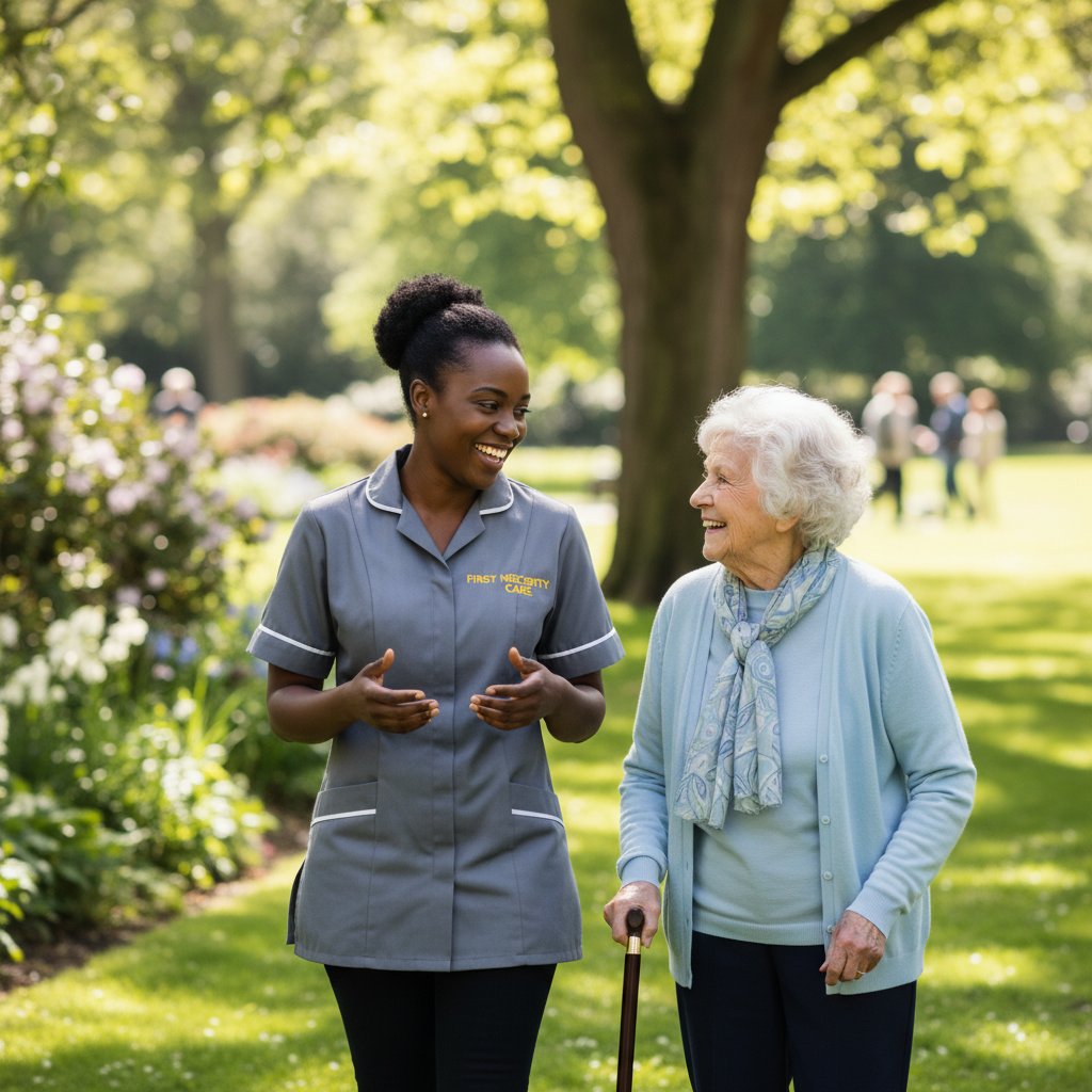 African home carer in royal blue First Necessity Care uniform on a friendly walk with an elderly woman
