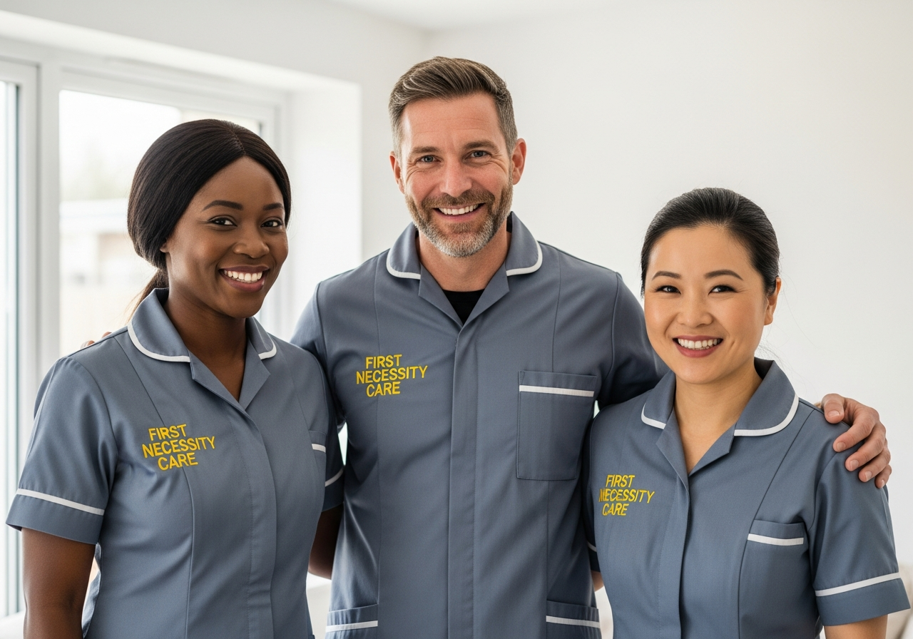 Diverse First Necessity Care team of three carers in royal blue uniforms with the company logo