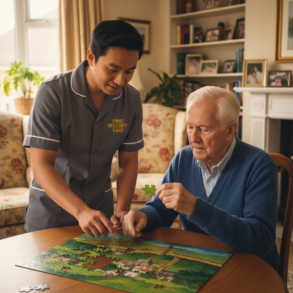 Asian home carer in royal blue First Necessity Care uniform supporting an elderly man with a calming activity