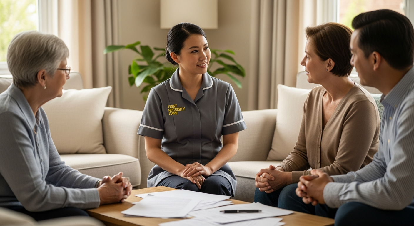 Asian home carer in royal blue First Necessity Care uniform discussing a dementia care plan with a family