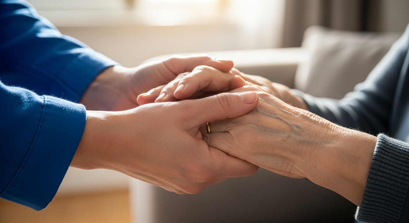 Carer and elderly person holding hands gently, symbolising calm and reassuring dementia care