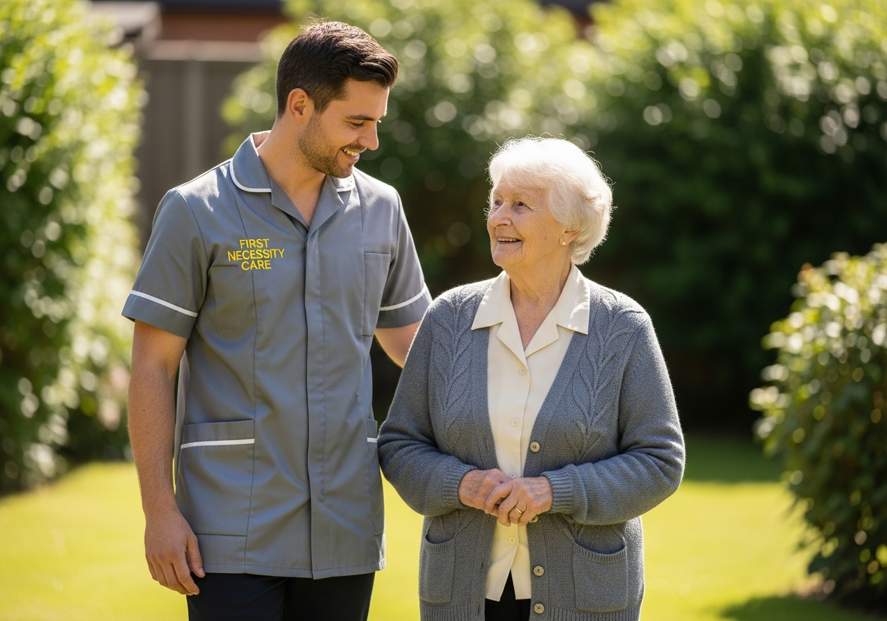 European home carer in royal blue First Necessity Care uniform walking safely with an elderly woman outdoors