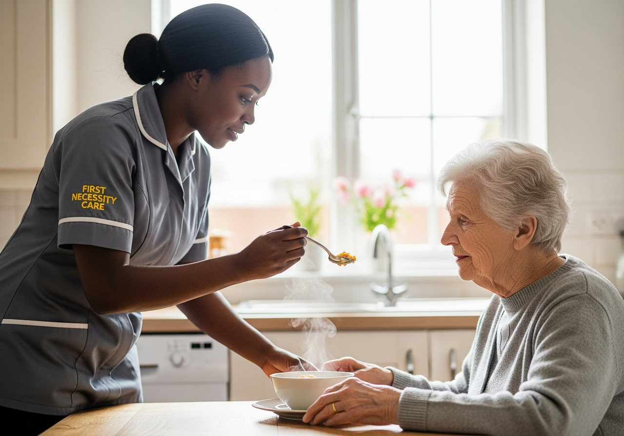 African home carer in royal blue First Necessity Care uniform helping an elderly woman with dementia eat a meal
