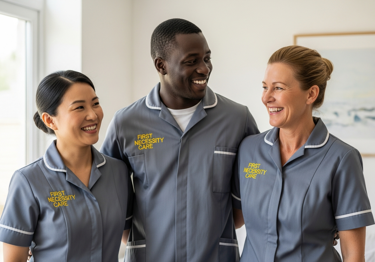 Diverse First Necessity Care team of three carers in royal blue uniforms with the company logo
