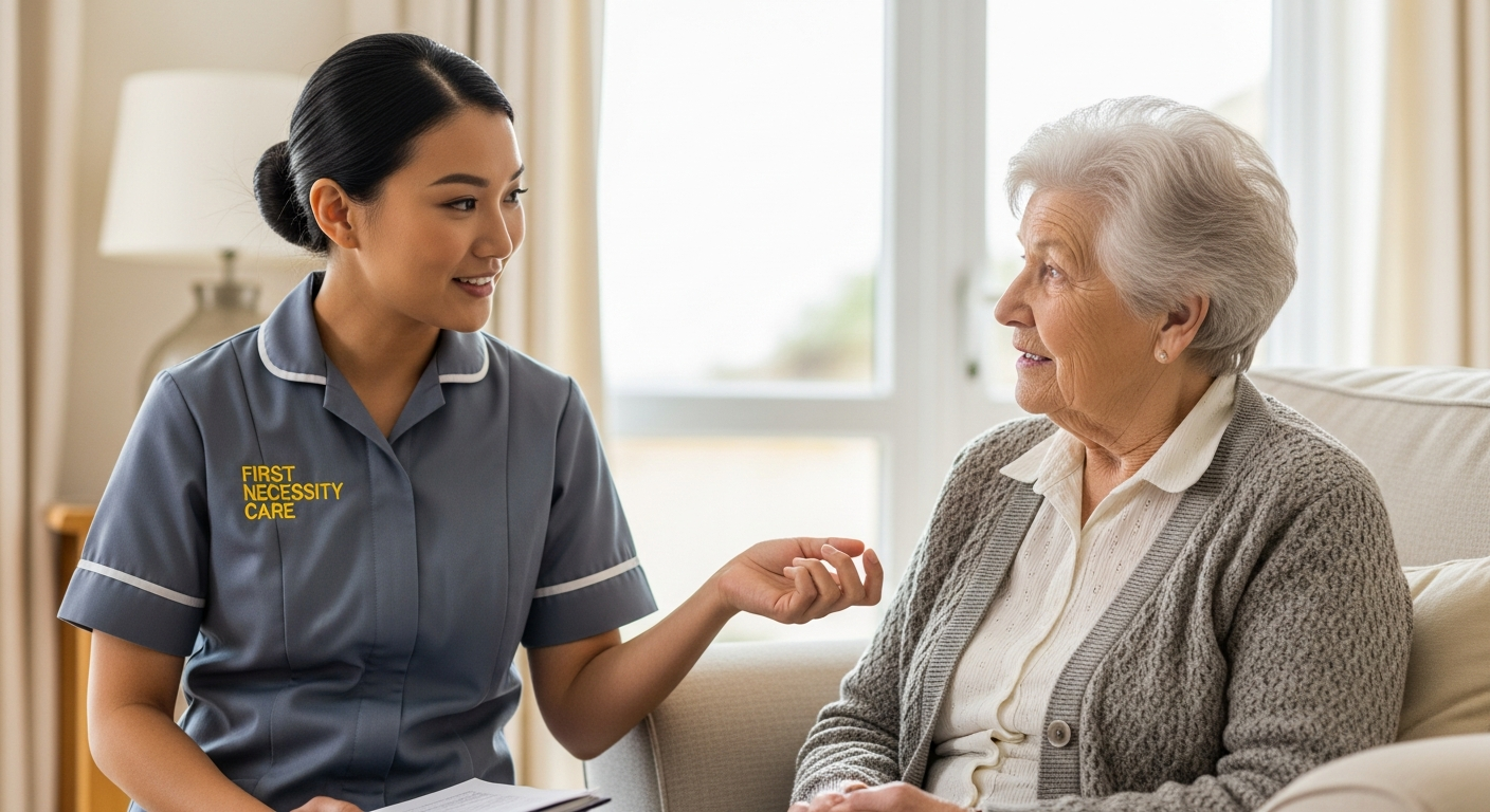 Asian home carer in royal blue First Necessity Care uniform planning home help tasks with an elderly woman