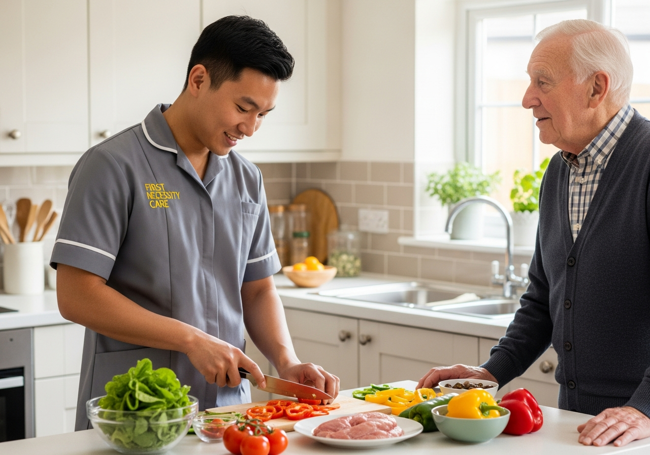 Asian home carer in royal blue First Necessity Care uniform preparing a meal in an elderly man's kitchen