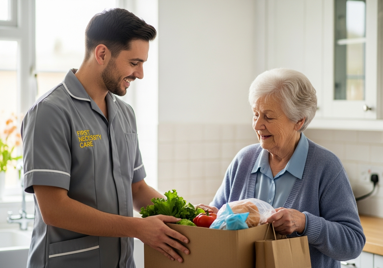 European home carer in royal blue First Necessity Care uniform helping an elderly woman with the shopping