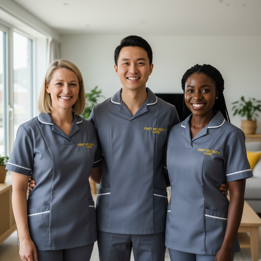 Diverse First Necessity Care team of three carers in royal blue uniforms with the company logo