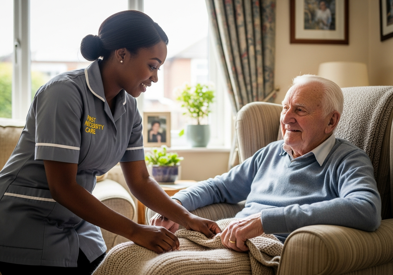 African live-in carer in royal blue First Necessity Care uniform settling an elderly man comfortably at home