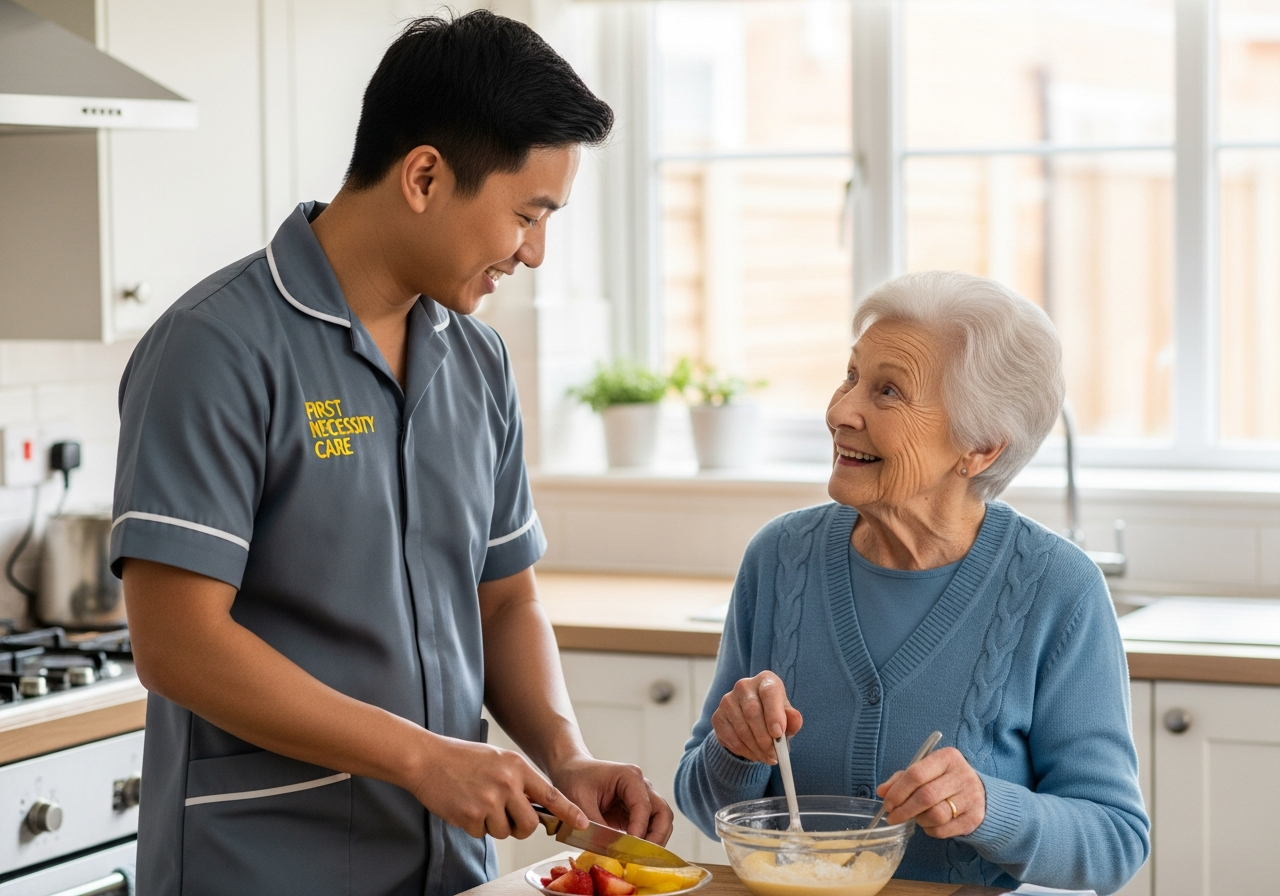 Asian live-in carer in royal blue First Necessity Care uniform making breakfast with an elderly woman at home