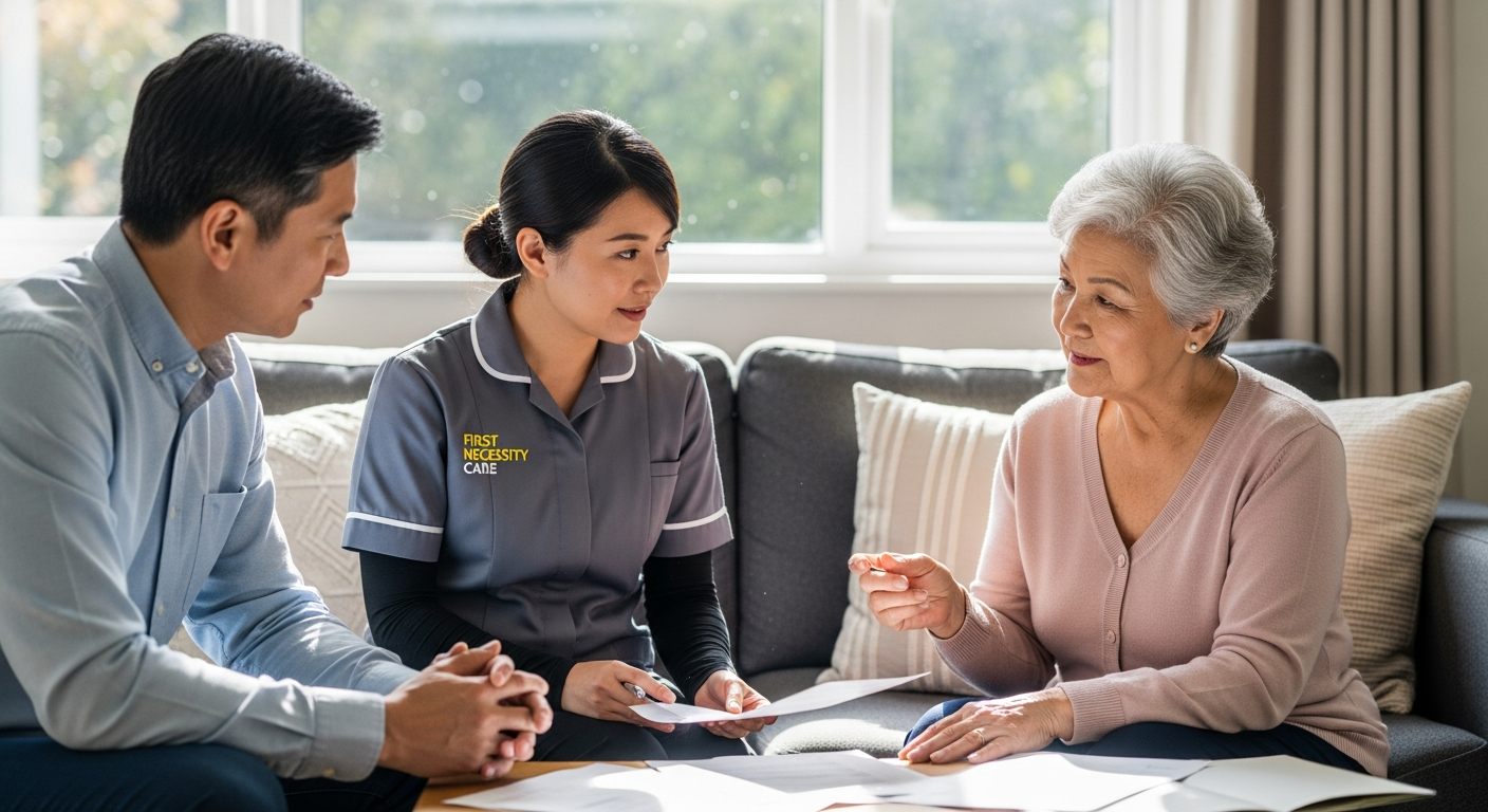 Asian home carer in royal blue First Necessity Care uniform discussing a live-in care plan with a family