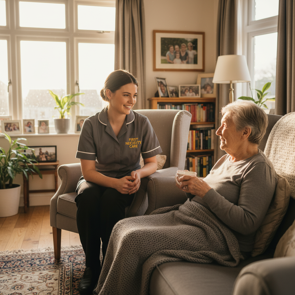 European live-in carer in royal blue First Necessity Care uniform relaxing at home with an elderly person