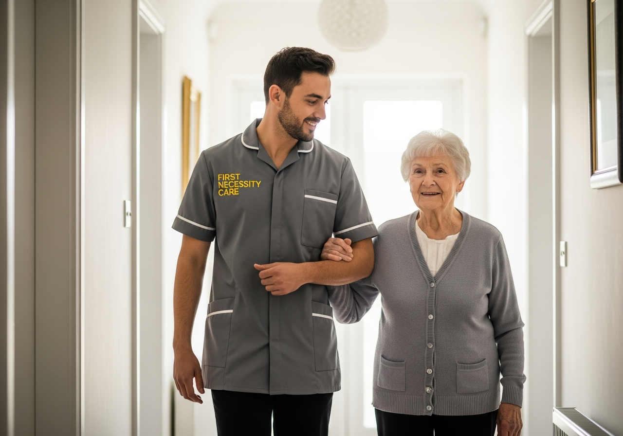 European live-in carer in royal blue First Necessity Care uniform walking arm in arm with an elderly woman