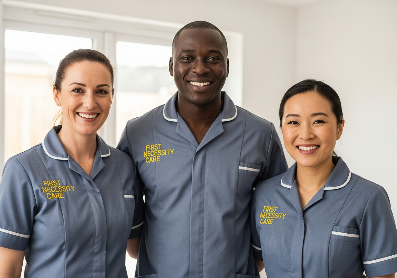 Diverse First Necessity Care team of three carers in royal blue uniforms with the company logo