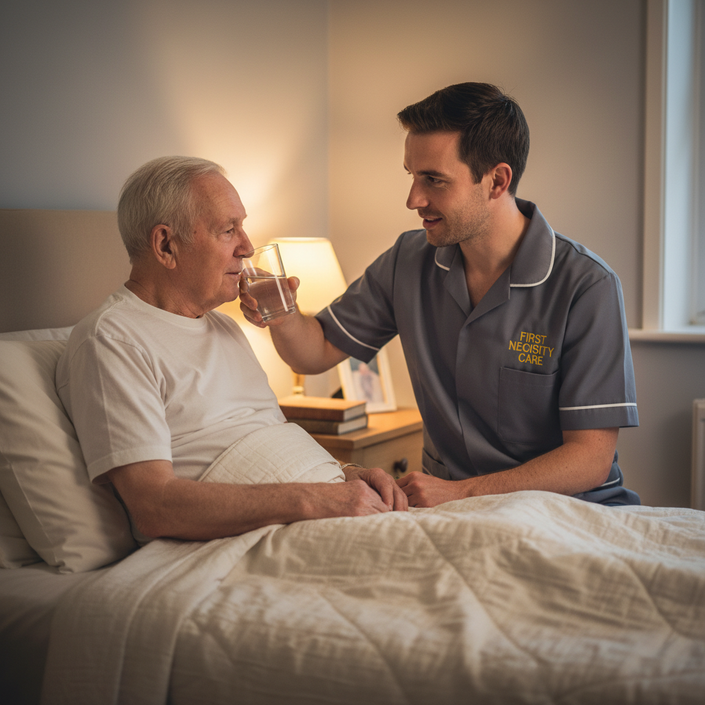 European overnight carer in grey First Necessity Care uniform helping an elderly man at his bedside at night