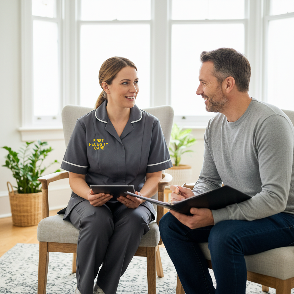 European home carer in grey First Necessity Care uniform planning overnight care with a family member