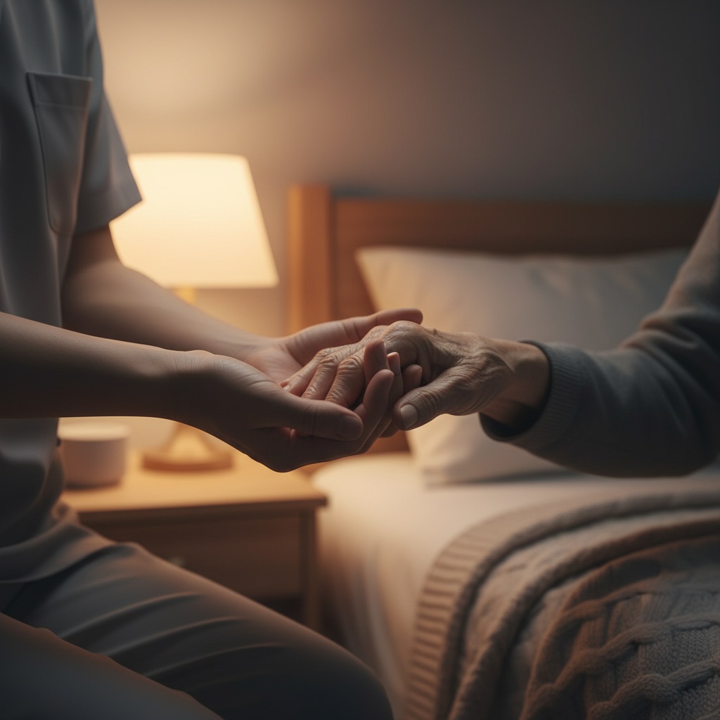 Carer and elderly person holding hands gently at night, symbolising safe and reassuring overnight care